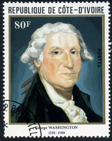 An 80 franc postage stamp from the Ivory Coast issued in 1982 commemorating the 250th anniversary of the birth of George Washington.