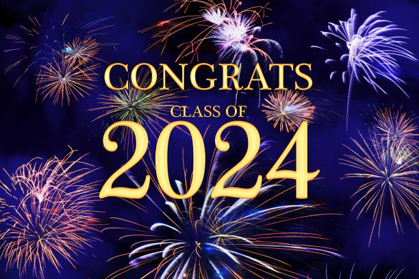 CONGRATS CLASS of 2024 lettering with beautiful fireworks