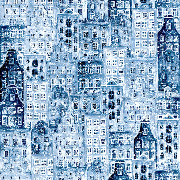 Old europe city houses. Seamless pattern of watercolor colorful european amsterdam style houses. Watercolour hand drawn Netherlands stylized facades of old buildings background. Template illustration.