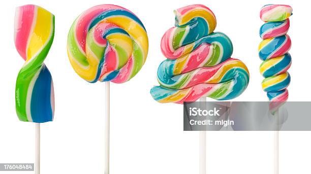 Quatro Diversos Lollipops - Fotografias de stock e mais imagens de Rebuçados de Açúcar - Rebuçados de Açúcar, Vara, Alimentação Não-saudável