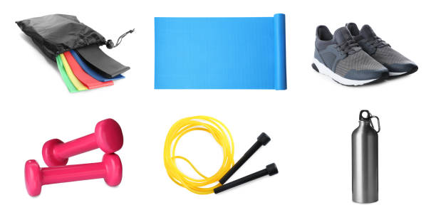 istock Set with skipping rope and other sporting goods on white background 1760485035