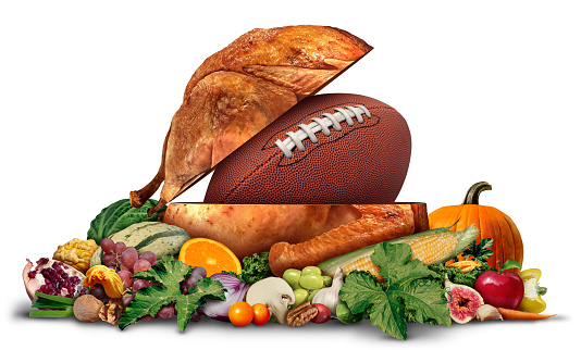 Autumn Football Season and Turkey dinner as a Thanksgiving sports as an American sport during the Fall season or field goal and touchdown as a team sport competition in a 3D illustration style.