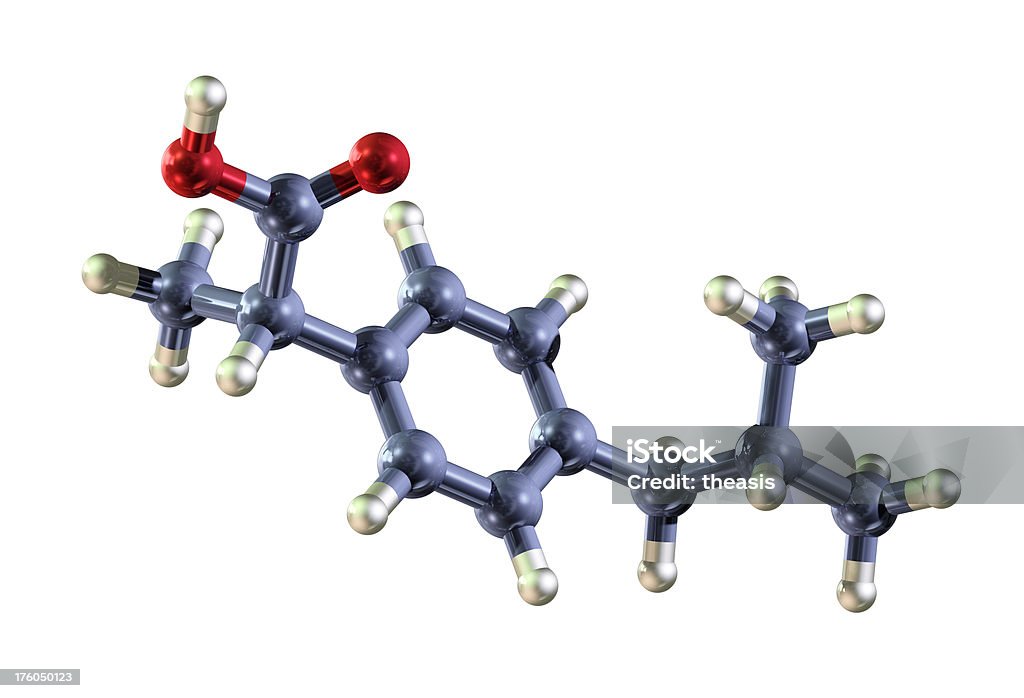 Molecule of Ibuprofen "A molecular model of the analgesic Ibuprofen, also marketed as Nurofen and Advil.  Isolated on white." Ibuprofen Stock Photo
