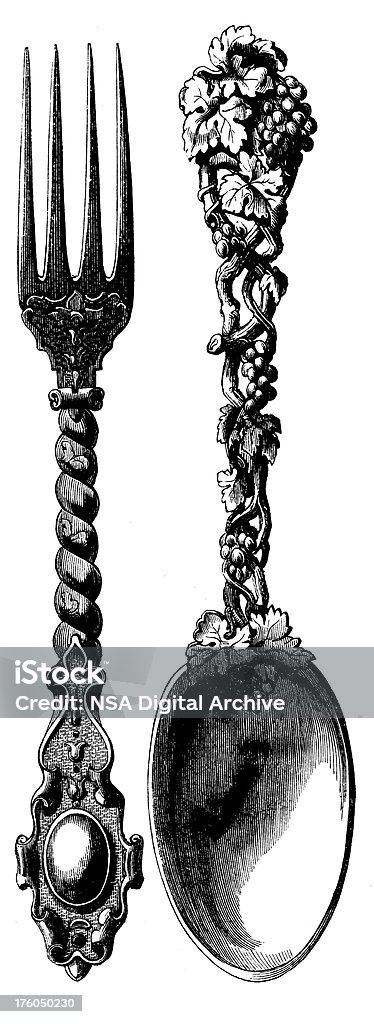 Victorian Fork and Spoon | Antique Design Illustrations "Antique engraving of richly decorated fork and spoon from the Victorian period, isolated on white. Very high XXXL resolution image scanned at 600 dpi. Published in Illustrated Catalog of the Universal Exhibition (London, 1851). Photo by N.Staykov (2009)CLICK ON THE LINKS BELOW FOR HUNDREDS MORE SIMILAR IMAGES:" Spoon stock illustration