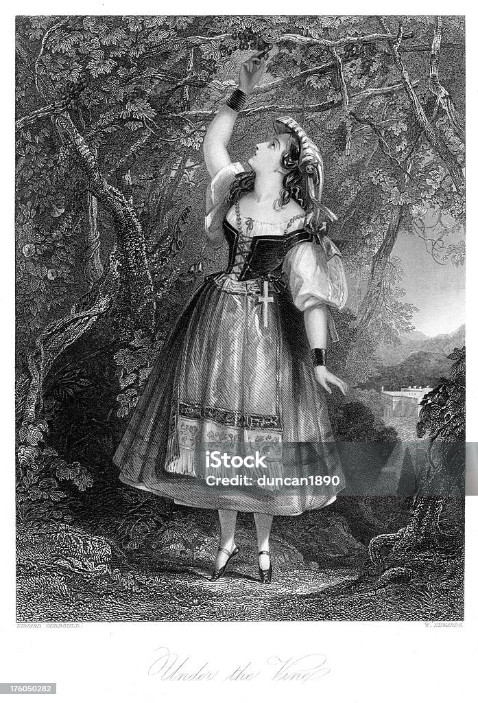 Bellissima giovane donna sotto la vite - Illustrazione stock royalty-free di XVI° secolo
