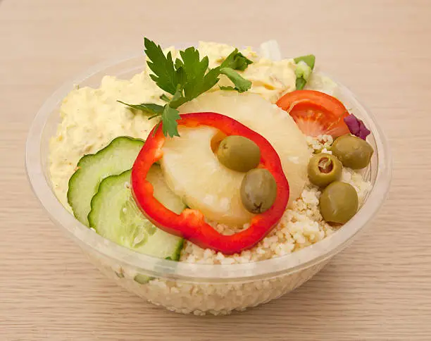 "Mayonaise chickensalad with red pepper, cucumber, olives, tomato and rice.See also my LB:"