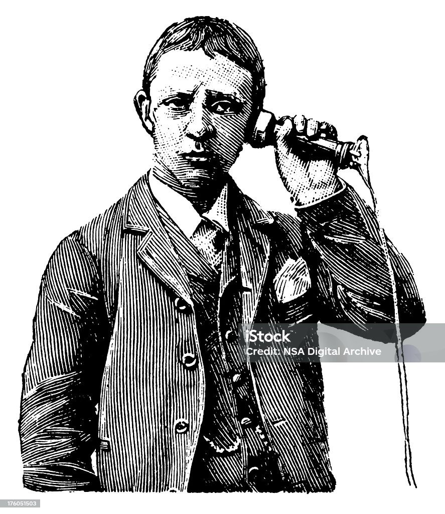 Uomo parla al telefono/Antique illustrazioni progettuali - Illustrazione stock royalty-free di Telefono