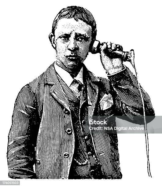 Uomo Parla Al Telefonoantique Illustrazioni Progettuali - Immagini vettoriali stock e altre immagini di Telefono