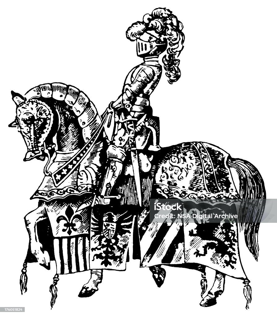 Knight on a horse I Antique Military Illustrations "Antique 19th-century engraving of knight on a war horse (isolated on white). Published in Systematischer Bilder-Atlas zum Conversations-Lexikon, Ikonographische Encyklopaedie der Wissenschaften und Kuenste (Brockhaus, Leipzig) in 1844.CLICK ON THE LINKS BELOW FOR HUNDREDS MORE SIMILAR IMAGES:" Horse stock illustration