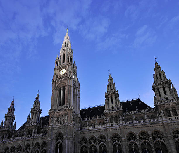 Town Hall Vienna - Rathaus Wien right after sunset Town Hall Vienna - Rathaus Wien right after sunset. Nikon D3X. Great Quality. Zoom in to see the Detail ! vienna city hall stock pictures, royalty-free photos & images