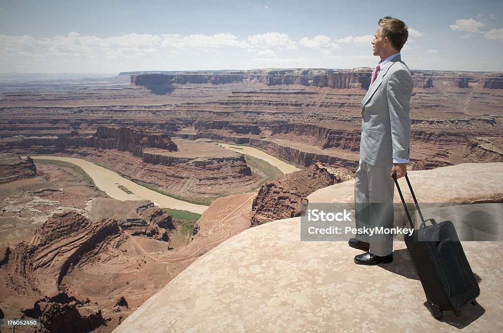 Viaggiare Uomo d'affari in piedi con la valigia sul Canyon - Foto stock royalty-free di Abbigliamento elegante