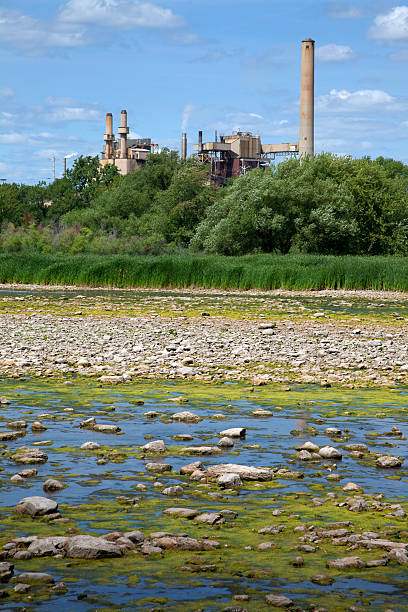 istock Shallow River Bed With Algae; Factory in Distance 176052677