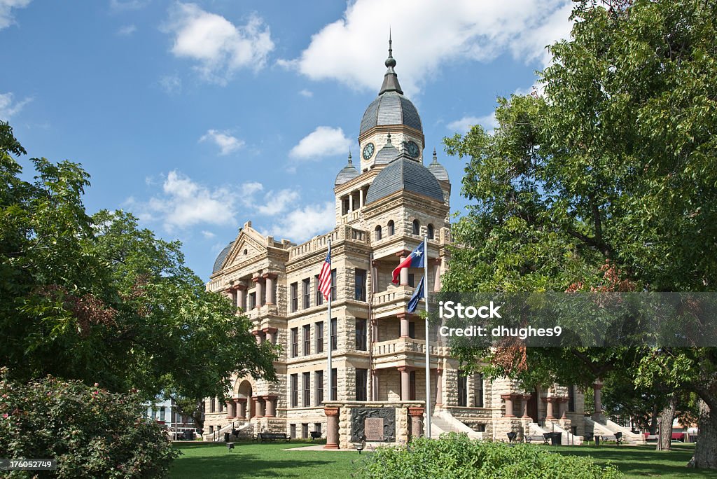 Victorian architecture of Denton County courthouse Recently restored Denton County Texas courthouse at North Texas town of Denton. Built in 1896.(To see all my Texas Courthouses, click here) Texas Stock Photo
