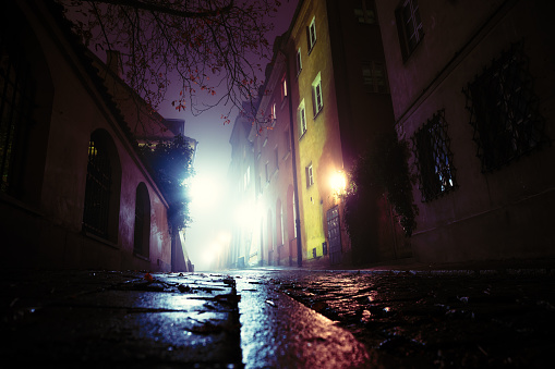 Street in Old Town, Night, Fog