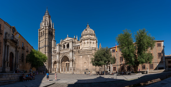 Gothic style Toledo Cathedral on the town hall square in the old Spanish city. Toledo. Spain.July 29, 2023