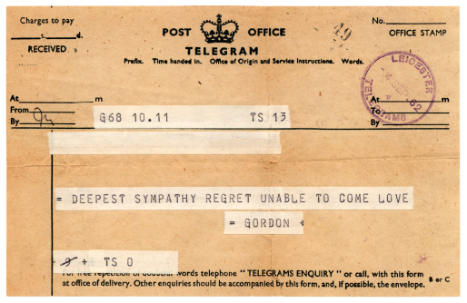 A telegram sent in 1962 from an anonymous 'Gordon', expressing sympathy and regrets at not being able to attend - probably a funeral. Signature altered and personal details removed.