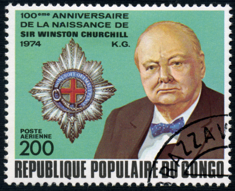 A 200 franc postage stamp issued in 1974 by the Congo People's Republic. It honors the 100th anniversary of Sir Winston Churchill's birth.