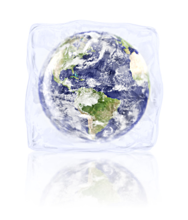 World frozen in an icecube.Stop Global Warming concept.Maps used from:http://earthobservatory.nasa.gov/