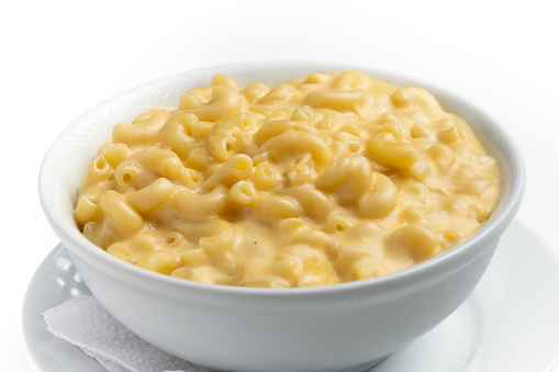 Bowl of Macaroni and Cheese on White Background
