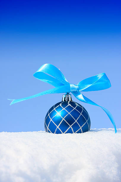 istock blue bauble and snow against sky 176059761