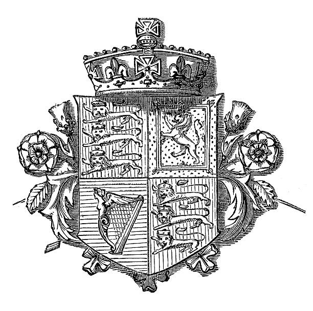 British Coat of Arms | Antique Design Illustrations "Antique engraving of a decorative Victorian-period coat of arms, isolated on white background. Very high XXXL resolution image scanned at 600 dpi. Published in Illustrated Catalog of the Universal Exhibition (London, 1851). Photo by N.Staykov (2009)CLICK ON THE LINKS BELOW FOR HUNDREDS OF SIMILAR IMAGES:" black family crest stock illustrations