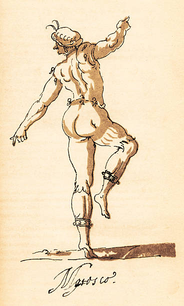 Sketch of Male Dancer by Inigo Jones, circa 1600s "This renaissance illustration depicts a sketch of a male dancer. The sketch was made by celebrated English architect Inigo Jones (1573 - 1652) in the early 17th century for the purpose of costume design, likely for a Shakespeare performance. The sketch was published in an 1853 biography of Inigo Jones and is now in the public domain. Digital restoration by Steven Wynn Photography." standing on one leg not exercising stock illustrations