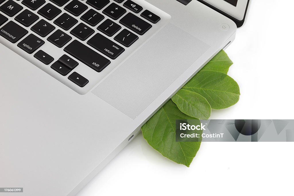 Green technology laptop and leaf concept isolated on white Green technology concept with partial view of laptop and magnolia tree leaves. Green Technology Stock Photo