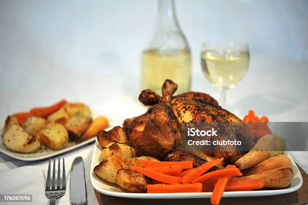 Roasted Chicken With Roast Vegetables And White Wine Stock Photo - Download Image Now