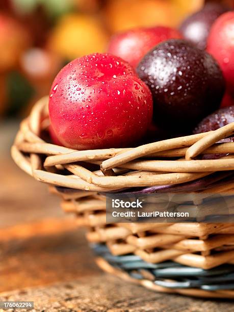 Red And Black Plums At Harvest Stock Photo - Download Image Now - Autumn, Basket, Black Color