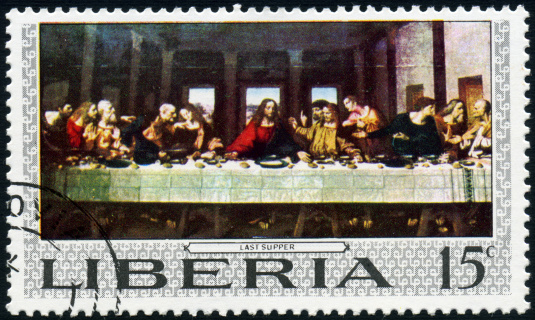 A 15 cent Liberian postage stamp issued in 1969 depicting the Last supper.