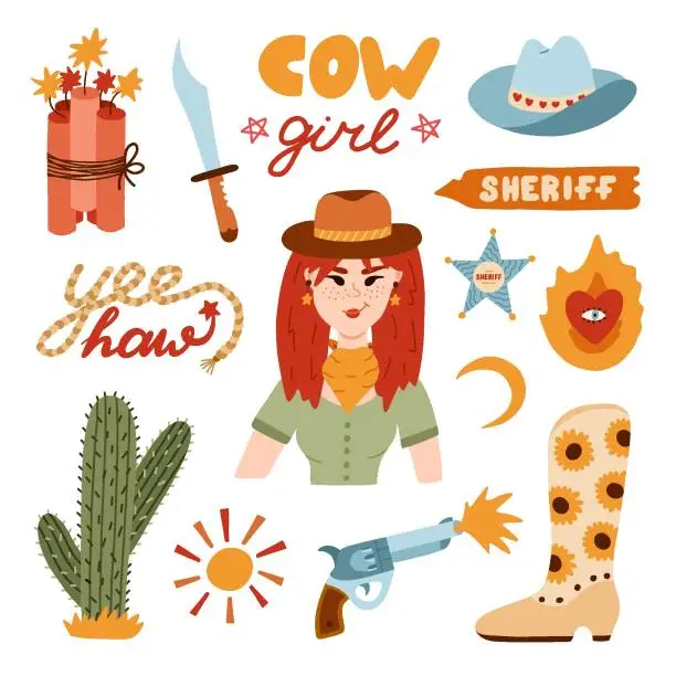 Vector illustration of Big cowgirl set in trendy flat style. Hand drawn simple vector illustration with western boots, hat, snake, cactus, bull skull, sheriff badge star. Cowboy theme with symbols of Texas and Wild West