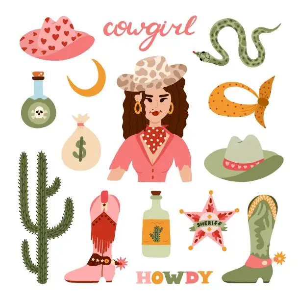 Vector illustration of Big cowgirl set in trendy flat style. Hand drawn simple vector illustration with western boots, hat, snake, cactus, bull skull, sheriff badge star. Cowboy theme with symbols of Texas and Wild West