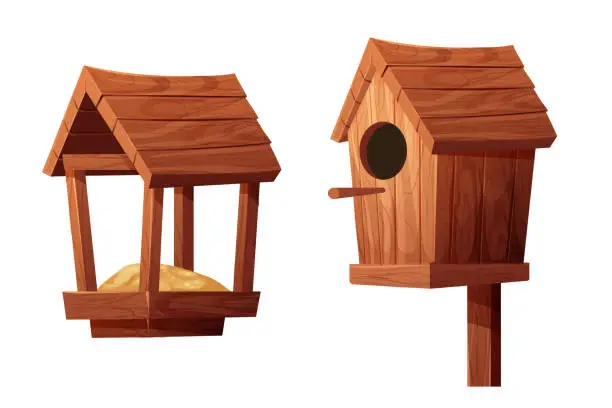 Vector illustration of Set wooden bird feeder and bird house with roof, hole and seeds in cartoon style isolated on white background. Hanging construction, bird care. Vector illustration