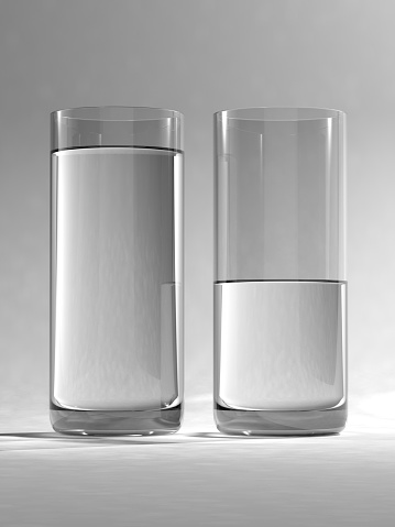 Full and half full glasses of water. Very high resolution 3D render.
