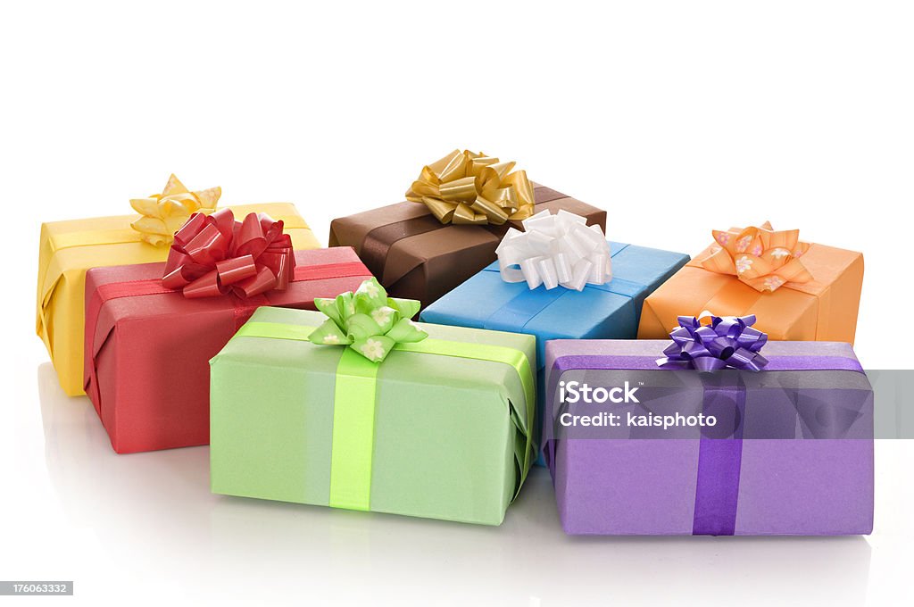 Giftboxes in a pile Isolated presents. Birthday Stock Photo