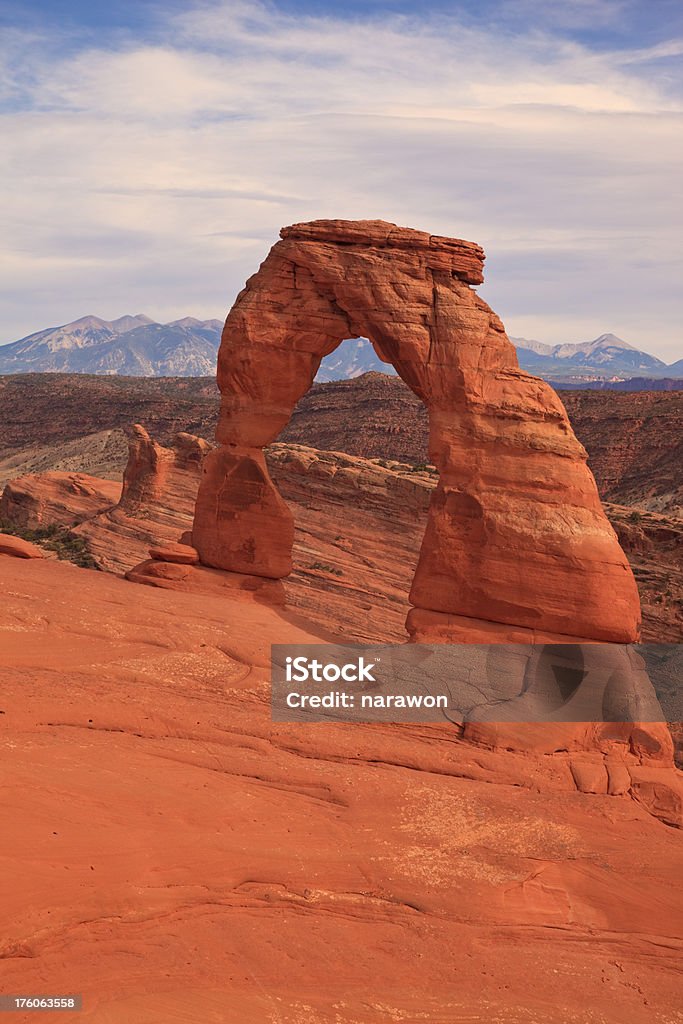 Delicate Arch in Arches National Park High mountains are look through the Delicate Arch in Arches National Park. Arches National Park Stock Photo