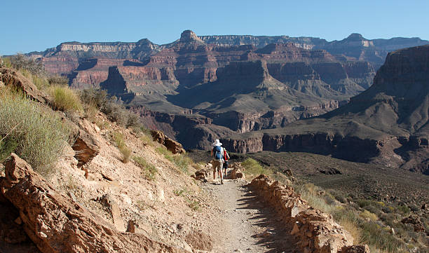 hiking in the grand canyon early morning view of hikers in the grand canyon south kaibab trail stock pictures, royalty-free photos & images