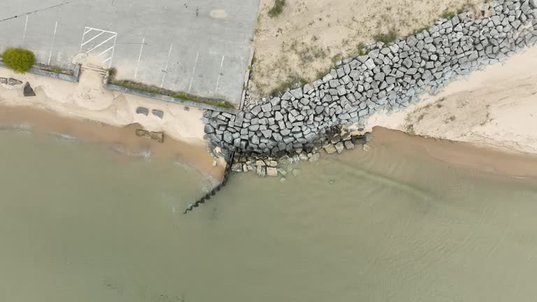 A shoreline at a local beach reinforced with large rocks.