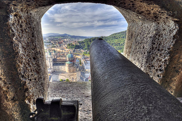 Coin-operated binoculars on the viewing platform on the Alte Mainbrucke, Wurzburg, Germany, where the Marienberg Fortress could be seen from