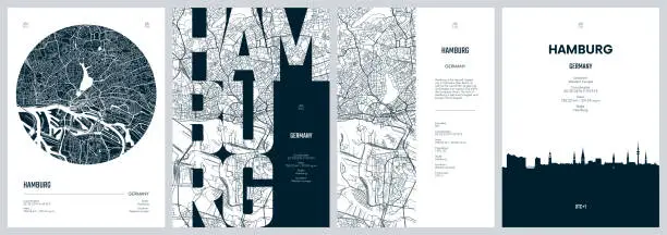 Vector illustration of Set of travel posters with Hamburg, detailed urban street plan city map, Silhouette city skyline, vector artwork
