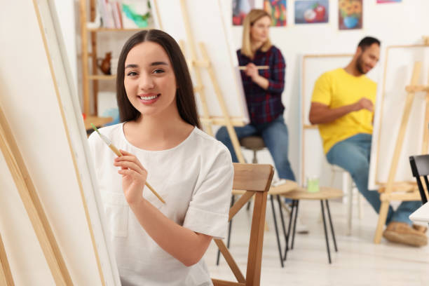 istock Group of students attending painting class in studio. Creative hobby 1760675324