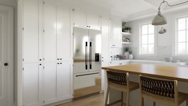 White U-shaped kitchen with windows, kitchen appliances and utensils. Stylish, bright kitchen in a traditional style. 3D animation