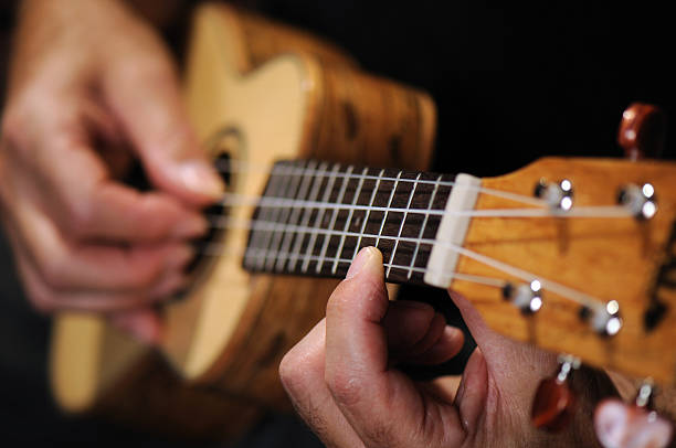 finger auf frets und ukulele - uke stock-fotos und bilder