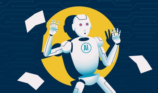 Robot caught in a flashlight vector illustration Robot caught in a flashlight. Artifical intelligence plagiarism, cheating and ai detection concept. Vector illustration. dishonesty stock illustrations