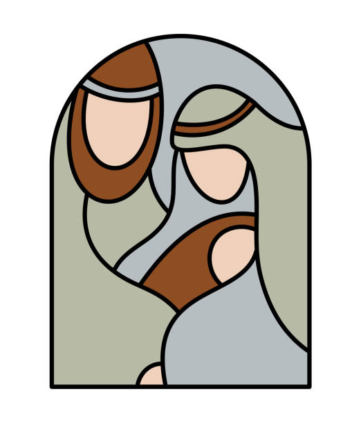 kolor boże narodzenie wektor chrześcijańska ikona religijna szopka narodzeniowa dzieciątko jezus z maryją i józefem. szkic ilustracji logo. doodle ręcznie rysowane na białym tle - 11311 stock illustrations