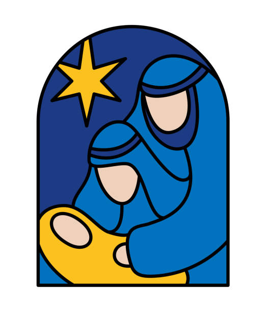 kolor boże narodzenie wektor chrześcijańska ikona dzieciątko jezus z maryją i józef z gwiazdą. religijna szopka z ilustracją logo. doodle ręcznie rysowane na białym tle - 11310 stock illustrations