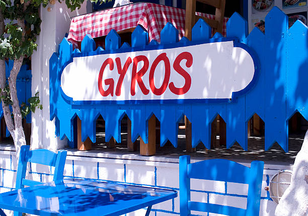A sign of a fastfood restaurant which prepares gyros(souvlaki) found at a Greek island