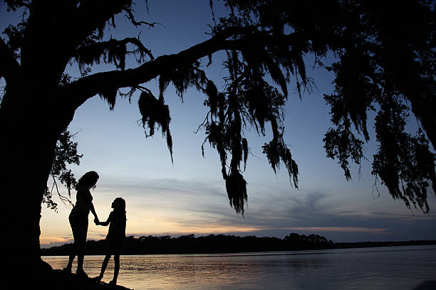 Mother and Daughter Quality Time under Tree at Sunset Silhouette A beautiful evening spent holding hands at sunset under a magnificent oak tree.  It does not get any better than this ... Quality Time at its best!!!Lots of copy space hanging moss stock pictures, royalty-free photos & images