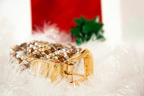 Gold and silver belt in store display with giftbag in background.  Tinsel surrounds the belt to help give a winter look