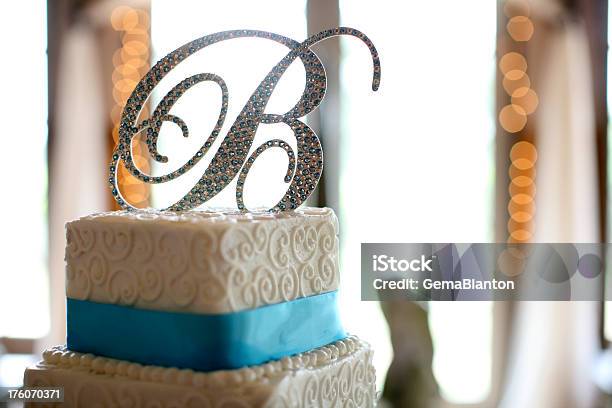 Wedding Cake Topped With A Jeweled Letter Stock Photo - Download Image Now - Cake, Bakery, Bride